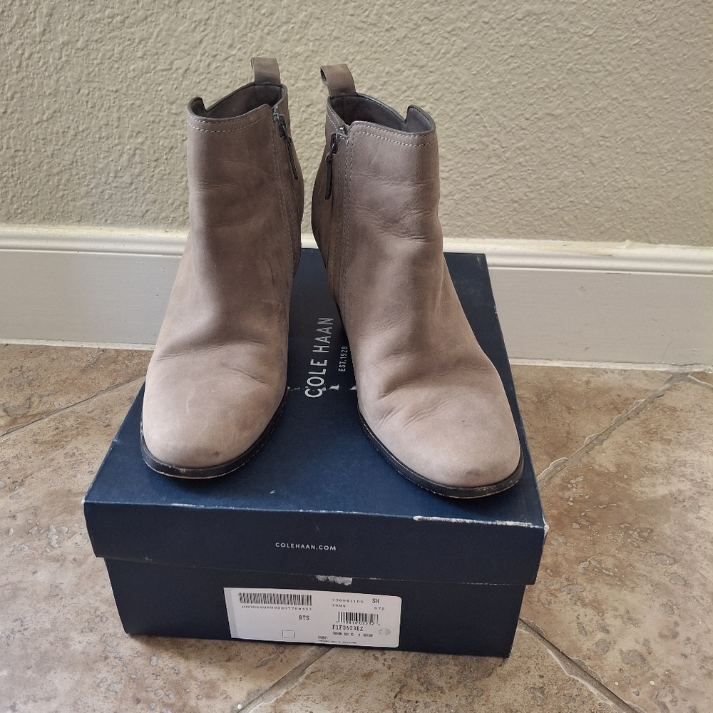 Cole Haan Chesney Suede Greystone Color Heeled Ankle Boots, Well Loved
